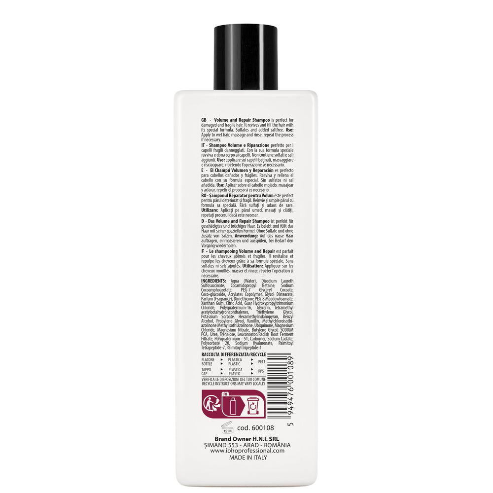 Sampon pentru Mentinere Volum si Reconstructie - Boostfill Volume and Repair Shampoo pH 5.0-5.5 500ml - Ioho Professional - HNIcosmetice.ro